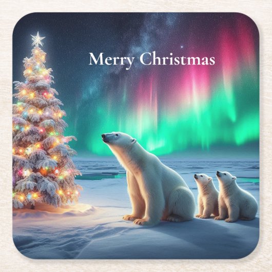 Polar Bear Mama Cubs Weihnachtsbaum Nordlichter Rechteckiger Pappuntersetzer (Vorderseite)