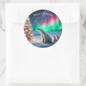 Polar Bear Mama Cubs Weihnachtsbaum Nordlichter Runder Aufkleber (Tasche)