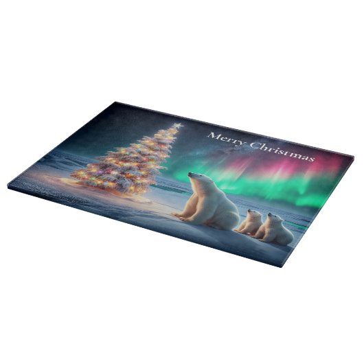 Polar Bear Mama Cubs Weihnachtsbaum Nordlichter Schneidebrett (Ecke)