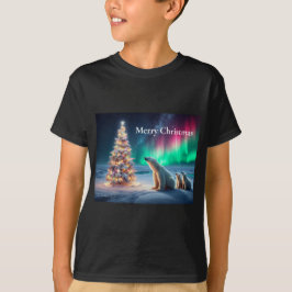 Polar Bear Mama Cubs Weihnachtsbaum Nordlichter T-Shirt