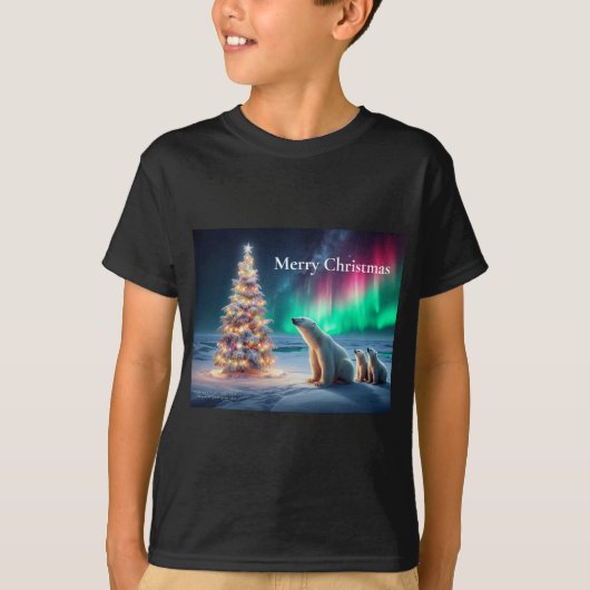 Polar Bear Mama Cubs Weihnachtsbaum Nordlichter T-Shirt (Vorderseite)