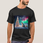 Polar Bear Mama Cubs Weihnachtsbaum Nordlichter T-Shirt (Vorderseite)