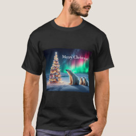 Polar Bear Mama Cubs Weihnachtsbaum Nordlichter T-Shirt