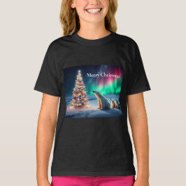 Polar Bear Mama Cubs Weihnachtsbaum Nordlichter T-Shirt