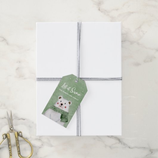 Polar Bear mit grünem Scarf Lass es Schnee Urlaub  Geschenkanhänger (Mit Garn)