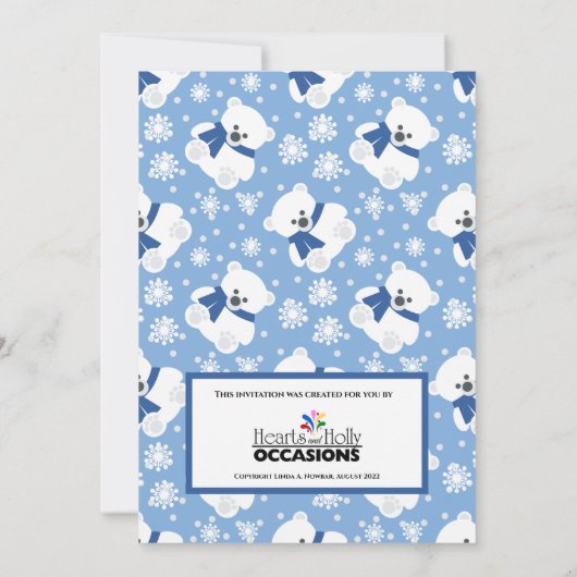 Polar Bear mit Navy Blue Scarf und Schneeflocken Einladung (Rückseite)