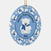 Polar Bear mit Navy Blue Scarf und Schneeflocken Keramik Ornament (Rechts)