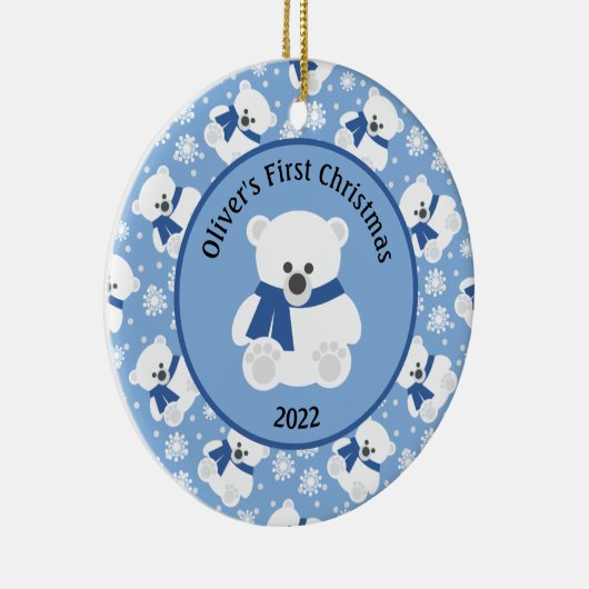 Polar Bear mit Navy Blue Scarf und Schneeflocken Keramik Ornament (Rechts)