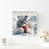 Polar Bear mit Red Coffee Tasse Quadratische Wanduhr (Zuhause)