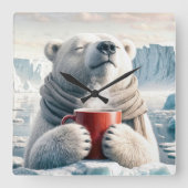 Polar Bear mit Red Coffee Tasse Quadratische Wanduhr (Vorderseite)
