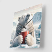 Polar Bear mit Red Coffee Tasse Quadratische Wanduhr (Winkel)