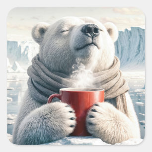 Polar Bear mit Red Coffee Tasse Quadratischer Aufkleber