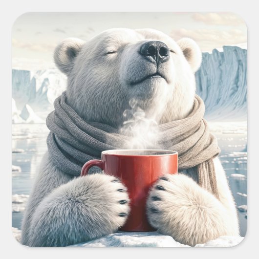 Polar Bear mit Red Coffee Tasse Quadratischer Aufkleber (Vorderseite)