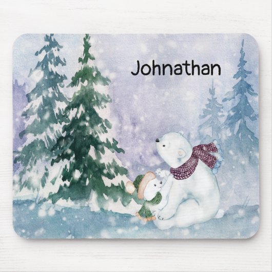 Polar Bear Mother and Baby with Snowy Landschaftli Mousepad (Vorne)