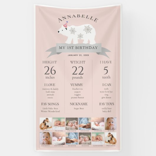 Polar Bear Pink 1. Geburtstag Meilenstein Timeline Banner (Vertikal)