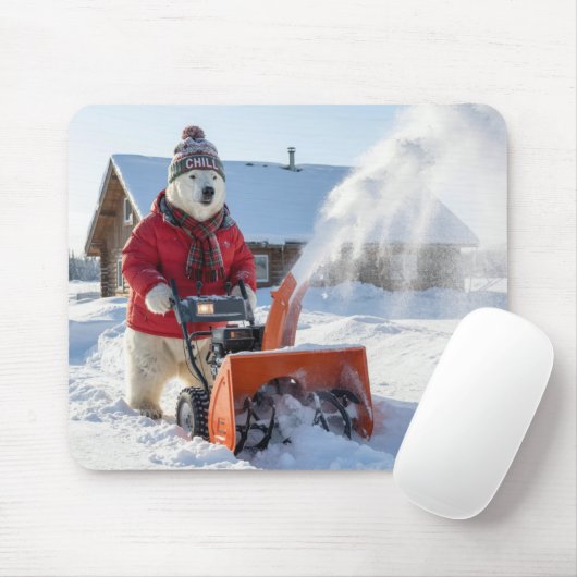 Polar Bear Pushing a Snowblower Mousepad (Mit Mouse)