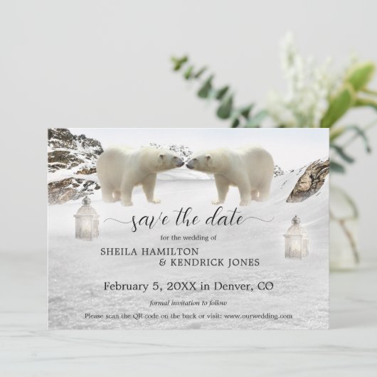 Polar Bear QR Code Foto Winter Save the Date Card (Stehend Vorderseite)