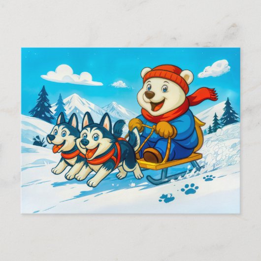Polar Bear Racing a Husky Dog Sled Team Postkarte (Vorderseite)