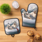 Polar Bear Reading a Newspapier Ofenhandschuh & Topflappen-Set (Oben Unten)