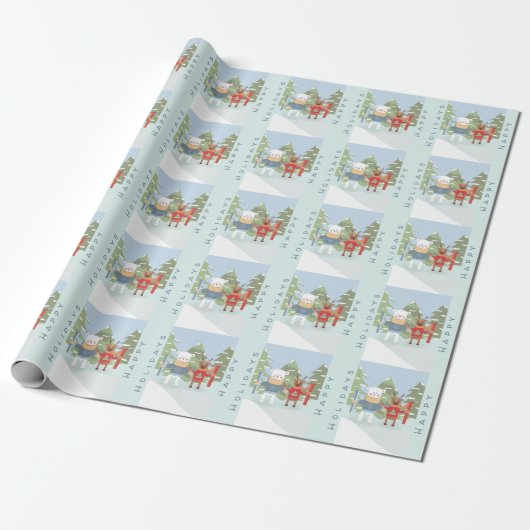 Polar Bear Rentier mit Skis Blue Wrapping Paper Geschenkpapier (Ungerollt)