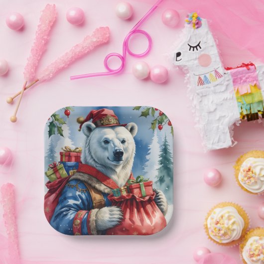 Polar Bear Santa Christmas Design Pappteller (Party)