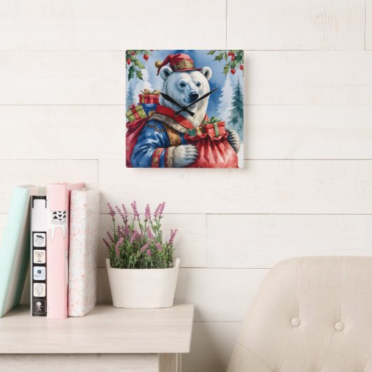 Polar Bear Santa Christmas Design Quadratische Wanduhr (Lesesaal)