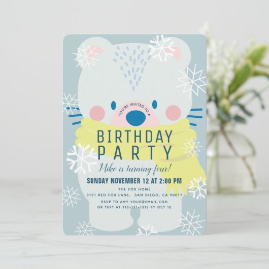 Polar Bear Scarf Winter Schneeflocken Blau Geburts Einladung (Stehend Vorderseite)