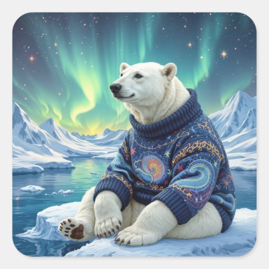 Polar Bear Sitting Under Northern Lights Quadratischer Aufkleber (Vorderseite)