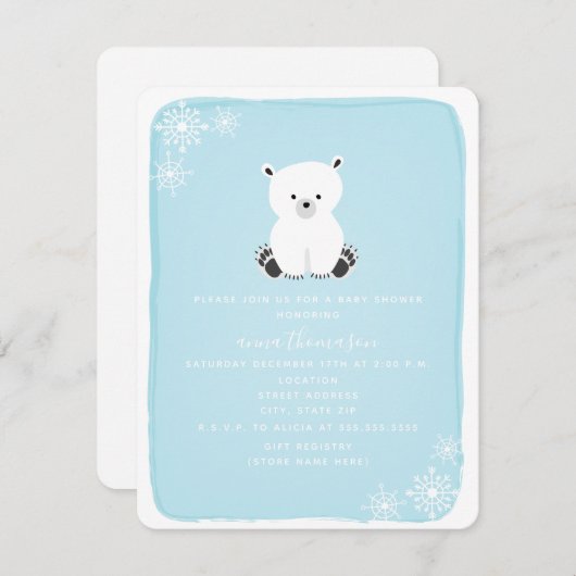 Polar Bear Snowflake Boy Baby Dusche - Blau Einladung (Vorne/Hinten)