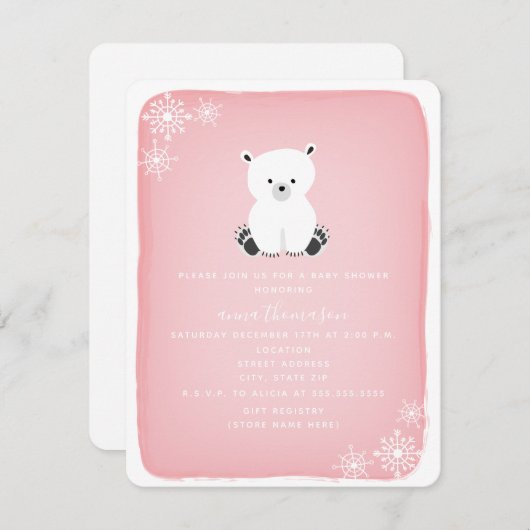 Polar Bear Snowflake Girl Babydusche - Rosa Einladung (Vorne/Hinten)