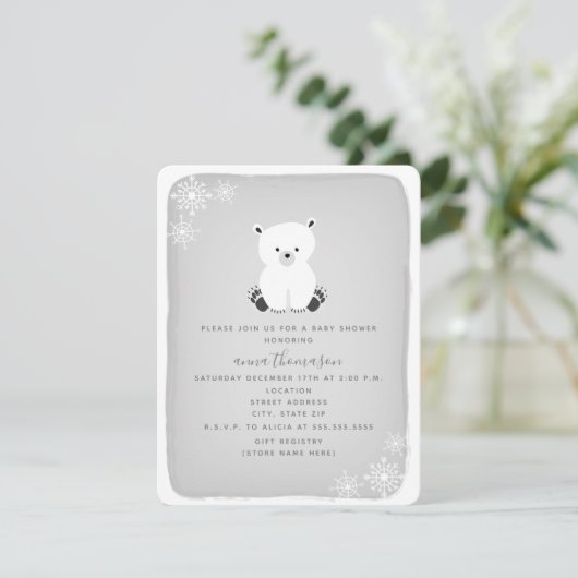 Polar Bear Snowflake Neutral Baby Shower - Grau Einladung (Stehend Vorderseite)