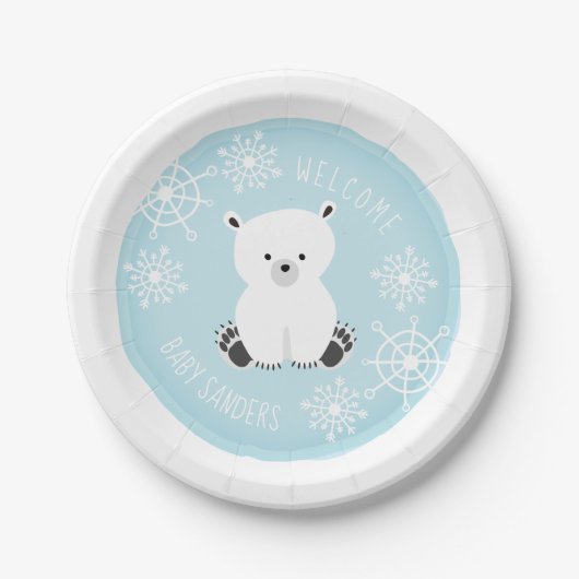 Polar Bear Snowflake Winter Blue Boy Baby Dusche Pappteller (Vorderseite)
