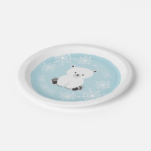 Polar Bear Snowflake Winter Blue Boy Baby Dusche Pappteller (Schrägansicht)