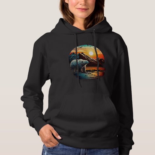 Polar Bear Sunset Mountains Nature Wildlife Retro Hoodie (Vorderseite)