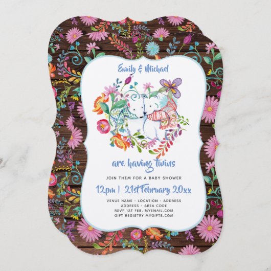 Polar Bear TWINS Kinderdusche lädt Blume ein Einladung (Vorne/Hinten)