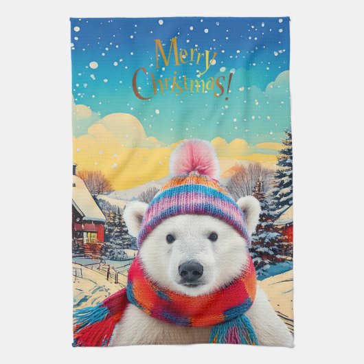 Polar Bear Weihnachtsmannmütze und Schal Frohe Wei Geschirrtuch (Vertikal)