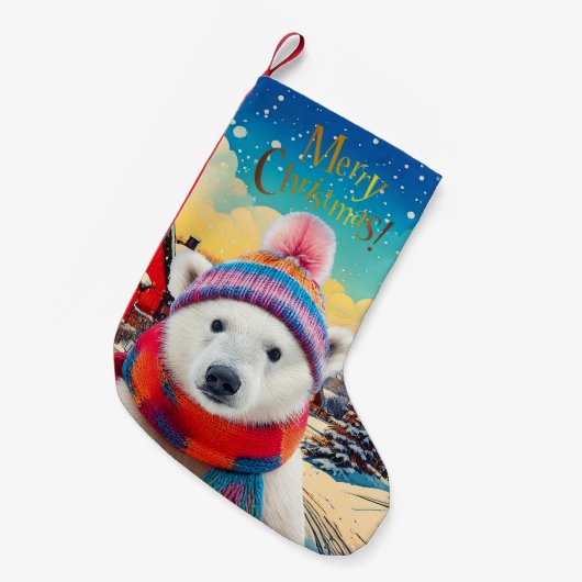 Polar Bear Weihnachtsmannmütze und Schal Frohe Wei Kleiner Weihnachtsstrumpf (Vorderansicht (hängend))