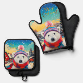 Polar Bear Weihnachtsmannmütze und Schal Frohe Wei Ofenhandschuh & Topflappen-Set