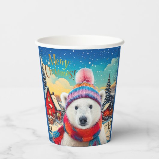 Polar Bear Weihnachtsmannmütze und Schal Frohe Wei Pappbecher (Rückseite)