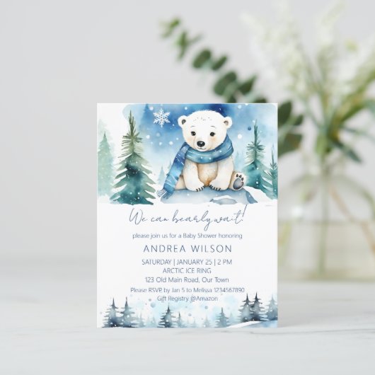 Polar bear winter baby Dusche Budget Einladung (Stehend Vorderseite)