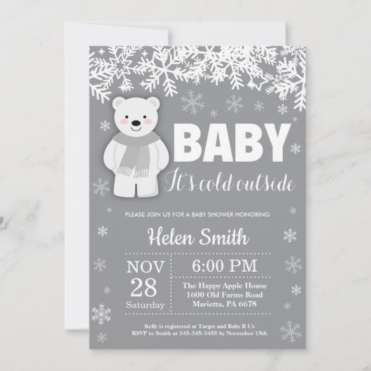 Polar Bear Winter Baby Shower Snowflake Einladung (Vorderseite)