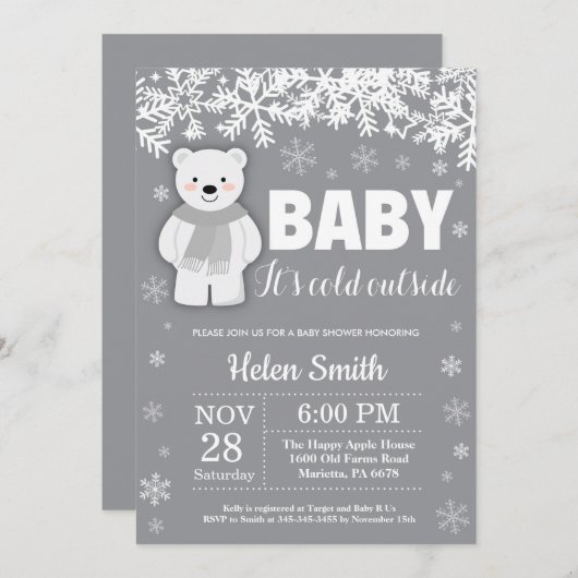 Polar Bear Winter Baby Shower Snowflake Einladung (Vorne/Hinten)