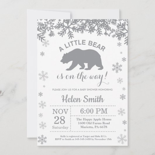 Polar Bear Winter Baby Shower Snowflake Einladung (Vorderseite)