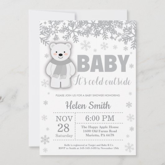 Polar Bear Winter Baby Shower Snowflake Einladung (Vorderseite)