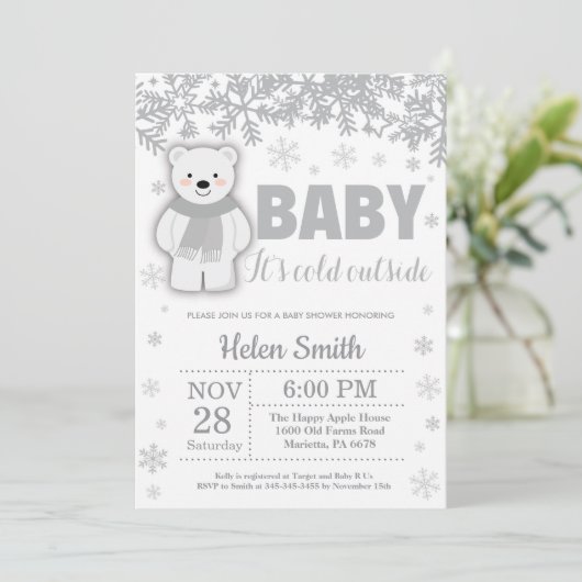 Polar Bear Winter Baby Shower Snowflake Einladung (Stehend Vorderseite)