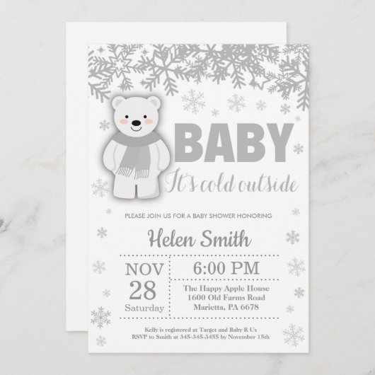 Polar Bear Winter Baby Shower Snowflake Einladung (Vorne/Hinten)