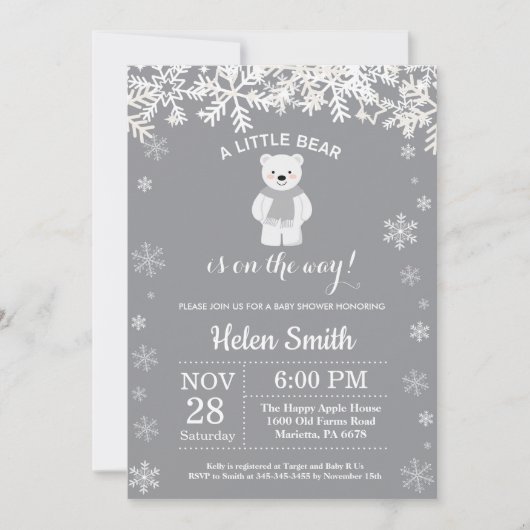 Polar Bear Winter Baby Shower Snowflake Einladung (Vorderseite)