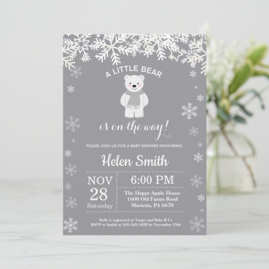 Polar Bear Winter Baby Shower Snowflake Einladung (Stehend Vorderseite)