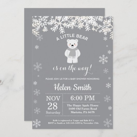 Polar Bear Winter Baby Shower Snowflake Einladung (Vorne/Hinten)