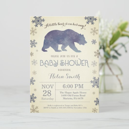 Polar Bear Winter Blue Boy Baby Showflake Einladung (Stehend Vorderseite)